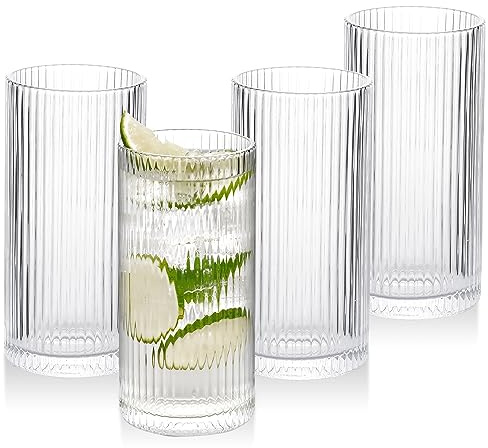 WHJY Ribbed Glassware Highball Glasses Unique Everyday Drinking Glasses Short Glasses Cups Set of 4 for Cocktail, Whiskey, Beer, Juice - 8.8oz 3.7