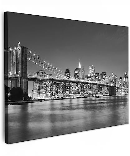 MuchoWow© Leinwand Bilder Schwarzweiss Wanddeko Wohnzimmer Aesthetic Room | 80x60 cm - Decor Deko Zimmer Wandbilder Modern Fotogeschenke New York - Brücke - Brooklyn - Schwarz und weiß - Weiss