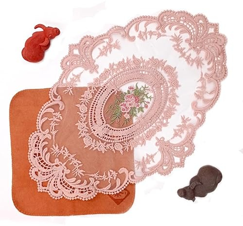4 Stück Bestickte Tischmatte, 42*28CM Platzsets Spitze ovale Tischdecke mit Blumenmuster Spitzendeckchen Häkeldeckchen Vintage-Tassenmatte, Vasenmatte für Küche,Esszimmer,Party,Hochzeit -Rosa