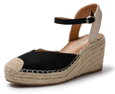 JOMIX Sandali Donna Estive Pantofole Ragazze Eleganti Zeppa Ciabatte Casual Chiusa Fibbia Mare Spiaggia Espadrillas SD9370 (Nero,39)