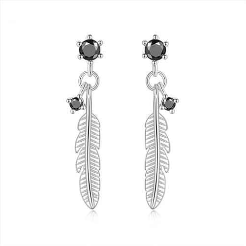 Hmzidz Feder Ohrringe Mit Schwarz Zirkonia - 925 Sterling Silber Ohrstecker Für Damen, Hängend Mit Diamant - Hypoallergen Modeschmuck Mit Stein Für Frauen Mädchen