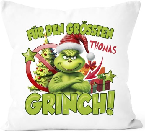 MoonWorks® Kissenbezug Grinch Weihnachten Mann Frau Paar mit Namen personalisierbar Geschenk lustig Weihnachtsmuffel Weiss Standard