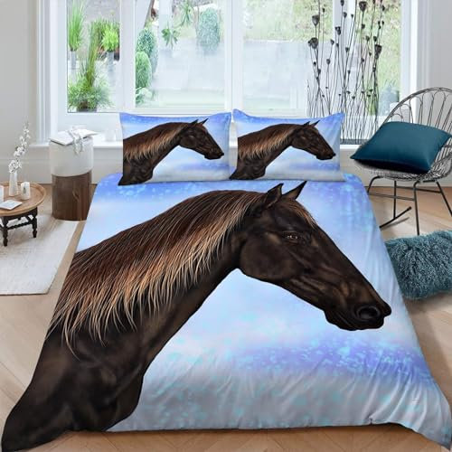 MAQUE Schwarz BettwäSche 135x200 Pferd 3D-gemustertes Mikrofaser Bettwäsche-Sets, Weich Bettbezug mit Reißverschluss und 2 Kissenbezüge 80 x 80cm
