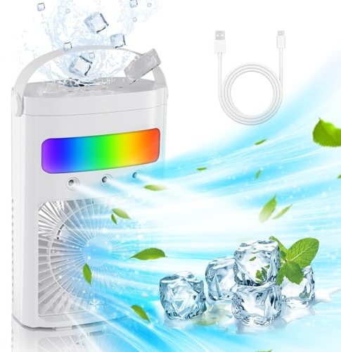 Mobile Klimaanlage,Mini Luftkühler Tragbare Klimaanlage,700ml Verdunstungsluftkühler mit 3 Geschwindigkeiten,ventilator mit wasserkühlung mit 7 LED-Leuchten,USB Air Cooler für Zuhause/Büro (Weiß)