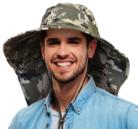 Kato Tirrinia Outdoor Sonnenhut Herren Damen mit Nackenschutz, UPF 50 UV Schutz Safari Bucket Hut, Faltbar Cap Sonnenschutz für Anglerhut Wanderhut Gartenhut Tropenhut, Tarnung
