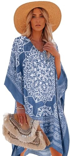 breezy lane Vestido caftán de playa para mujer, para traje de baño, diseño floral, ropa de centro turístico, Azul bohemio, talla única