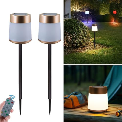 2 Stück Solarleuchten Garten für Außen RGB Solar Tischlampe Outdoor mit Fernbedienung LED Gartenlampen für Draußen Farbwechsel IP65 Wasserdichte Solarlampen für Terrasse Rasen Hinterhöfe Wegeleuchten