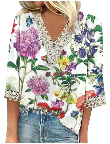 tsaChick Tshirt Damen Sommer Floral Print Spitze V-Ausschnitt 3/4 Ärmel Top Mode Schößchen Täglich Bequem Atmungsaktiv Lässig Elegant Locker Beliebt 2024 Neu X357