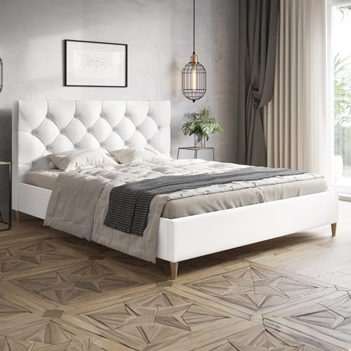 MOTIVENA Lusi Chesterfield Polsterbett 120x200 Mit Füßen, Ohne Bettkasten, Kunstleder, Lattenrost, Kopfteil, Ohne Matratze, Weiß