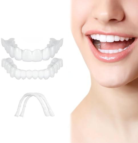 Wttfc 2 Pair Faccette Denti Finti,Dentiera Finta Naturale,Superiore Inferiore Denti Cosmetici Orale Sbiancamento Dentale Confortevole Sorridi Falso Denti Impiallacciatura per Uomini e Donne