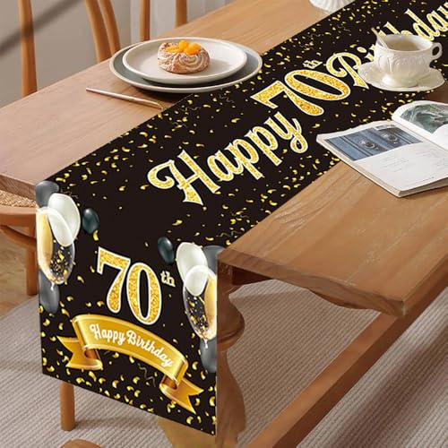 Glamifyr Tischläufer Schwarz-Gold zum 70. Geburtstag - Happy 70th Birthday Tischband für Männer und Frauen, 180x35 cm