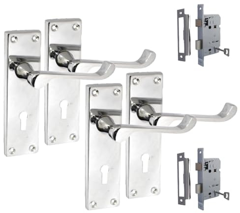 EPSOM DOOR HANDLES Victorian Scroll Lock Handles & 3 Lever Sash Lock, Polished Chrome Interior Door Handles, Back Plate, 150 x 42mm, Set of 2