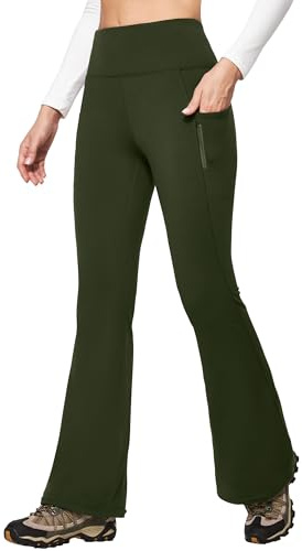 IUGA Fleece Lined Pants Women Water Resistant Hiking Pants Winter Flare Leggings with Pockets Bootcut Thermal Dark Green