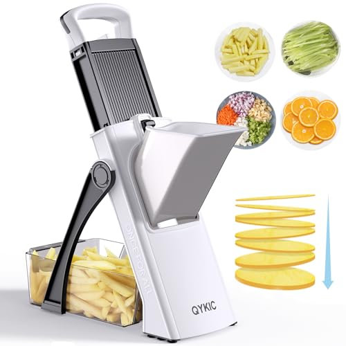 QYKIC Upgrade Safe Mandoline Slicer for Kitchen, Vegetable Chopper and Slicer, Potato Slicer Thickness Adjuster, French Fry Cutter, Kitchen Chopping Artifact (White)
