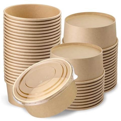 CaterCo Disposable Kraft Salad Bowls with Lids (1000ml - 300 Sets) Food Containers for Hot/Cold Use for Takeaway, Round Leakproof Kraft Paper Container, Microwavable, Eco-Friendly (1000ml - 300 Sets)