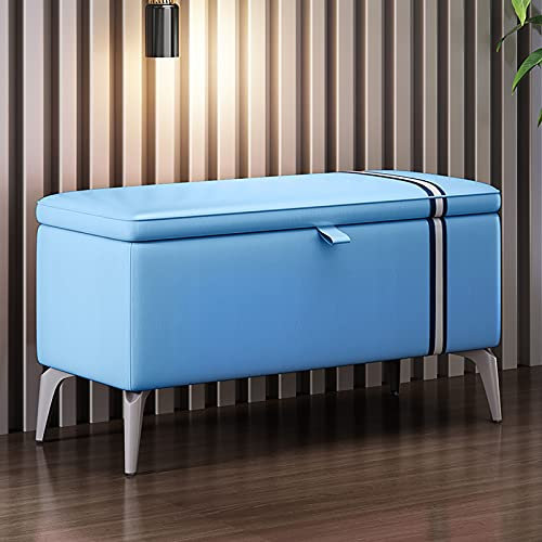 Moderne Polsterbank aus Leder, mit Stauraum, Polstersitz, Massivholz, multifunktionaler Aufbewahrungskoffer, 70 x 35 x 45 cm, Blau