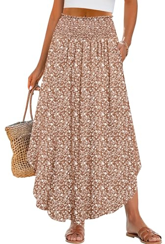 ANRABESS Women's Maxi Skirts Summer Boho Floral High Waisted Flowy Swing Pleated Beach Long Skirt with Pockets Brown Large