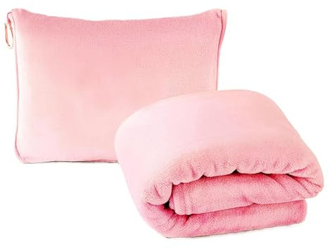 Buhygn Reisedecke und Kissen-Set, warme Decke und aufblasbares Kissen, Flugzeugdecke mit weicher Tasche, leicht zu tragen, weit verbreitet, 127 x 152 cm, Rosa/Grau für Auto, Flugzeug