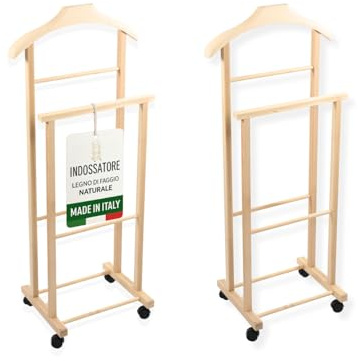 OWIJI Indossatore Appendiabiti Legno Faggio Naturale Set 2 Pezzi Rotelle Servo Muto Doppio Dimensioni 45 x 30 x 95 cm Appendiabiti Vestiti Camera Letto Cabina Armadio Grezzo