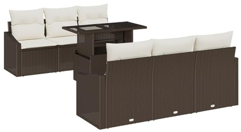 vidaXL Garten-Sofa-Set mit Kissen 7 pcs Braun und Creme Poly-Rattan, Garten und Terrasse, modulare Couch, Sitzgruppe für draußen, rechteckige Sofa, Robustes, UV-beständiges Lounge-Set