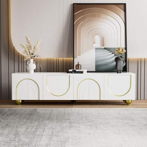 LANTRO JS Fernsehschrank mit Goldenen Verzierungen und Runden Beinen, TV Fernseher Kommode mit Strukturierten Türen, TV Lowboard Wohnzimmer, Drücken, 170x38x44cm