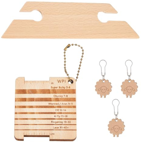 HOBBIESAY 1 Satz Holz Strickmaß Lineale Wollzubehör Set mit Garnkugelkette 3 Schaf-Stitch-Marker und Shuttle für Anfänger Experten DIY Nähhandwerk
