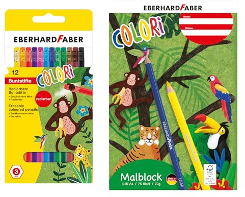 Eberhard Faber - Malset Colori mit Zeichenblock | Kreativset mit 12 Buntstiften und DIN A4 Zeichenblock für Malen, Zeichnen und Schule