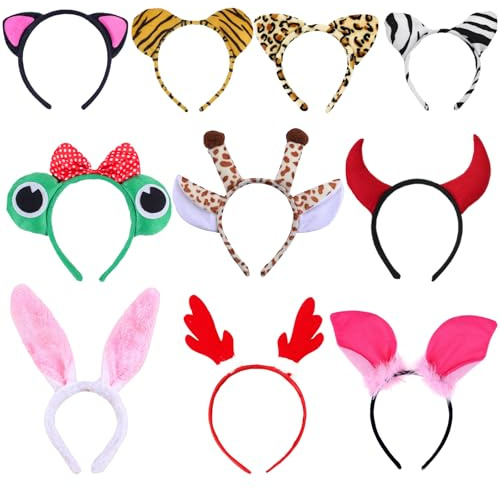 WENAUANG 10 Stück Tier Ohren Haarreif Set, Kinder Fasching Haarreif, Party Tier Verkleidung Haarreifen, Lustige Hüte Kopfbedeckung Fotobox Accessoires für Karneval Geburtstag Halloween Themenparty