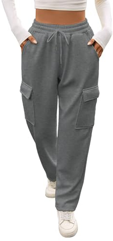 YloveM Pantalons de jogging pour femmes doublés de molleton à jambe large pour femmes UK - Pantalon de survêtement thermique avec poches pour l'hiver - Pantalons droits à taille haute pour course à