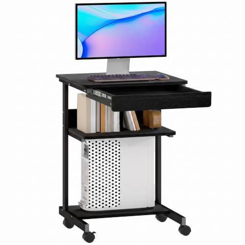 HOMCOM Scrivania Tavolo per Computer, Cassetto, 4 Rotelle, 56x51 cm, Nero