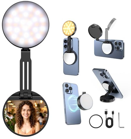 Magnetische Selfie-Licht, Handy-Licht kompatibel, 5 Level 2500K-6500K, CRI 95+, 360° LED Selfie Ring Fülllicht mit Spiegel für iPhone/Android, für Selfies/Fotografie/TikTok/Videokonferenz