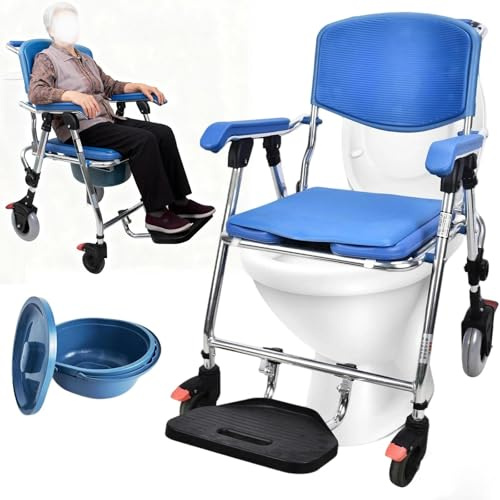 Sedia Comoda WC per Anziani, Sedia per Doccia Anziani con Ruote Pieghevole | Sedia Doccia Anziani Pieghevole con Ruote per Anziani e Disabili, Sedile da Bagno Doccia con Schienale Braccioli