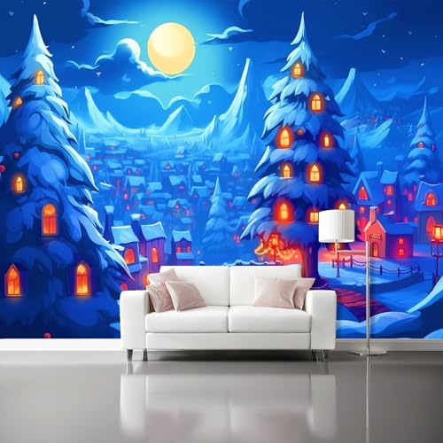 Fototapete 250 x 175 cm 3D Vliestapete Wandbild, Cartoon-Weihnachtsbaum-Nachtszene Mustertapete Wandtapete, Wohnzimmer Schlafzimmer Tapete Mädchenzimmer Spielzimmer Kindertapete Wanddeko, Dunkelblau