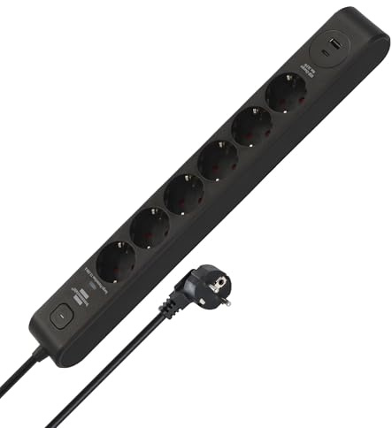 Brennenstuhl 6-vägs grenuttag med USB och överspänningsskydd (multipeluttag med 1x USB C PD 20W för snabbladdning och 1x USB A 20W, strömbrytare, 2m kabel) svart