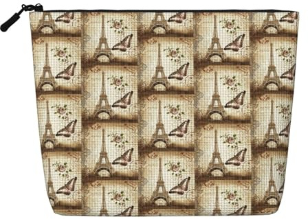 Paris Tower Travel Cosmetic Case Fake Hemp Large Capacity Zippered Bag Water Resistant Daily Organizer