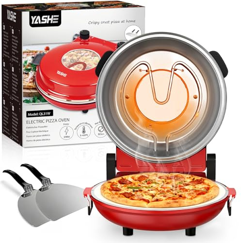 YASHE Electric Pizza Oven Countertop with Pizza Stone, Adjustable Thermostat & Timer, Indoor Tabletop Pizza Maker with Viewing Window, Portable Home Pizza Oven for Kitchen