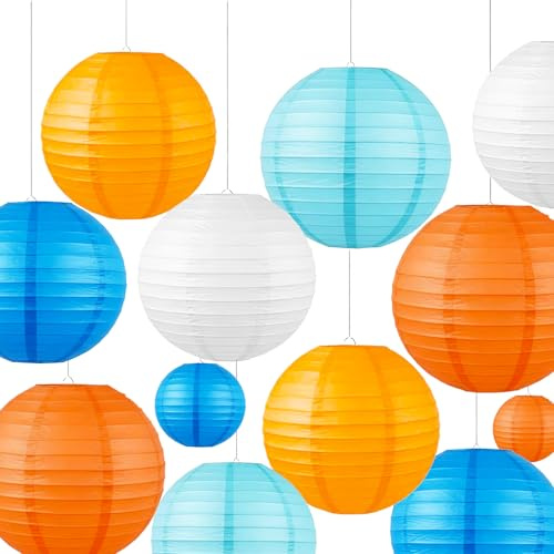 Vsosfiza Blue & Orange Paper Lanterns Set (12 Pcs) - 6/8/10 Inch Hanging Lanterns for Cartoon Parties, Sports Events, Birthdays & Home Decor