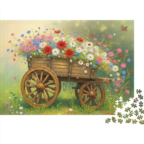 Rustic Flower Cart 1000 Piece Jigsaw Puzzles for School-Aged Flower Wagon Children Recycled Cardboard Challenging Puzzle Games 38x26cm/1000pcs