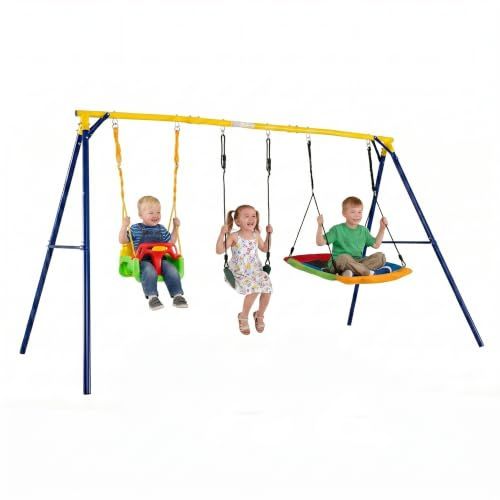 DREAMADE 3 in 1 Schaukelgestell mit Nestschaukel Kinderschaukel und Babyschaukel, Schaukelgerüst mit Metallgestell bis 300kg belastbar, Gartenschaukel Outdoor Schaukel für Kinder (Grün)