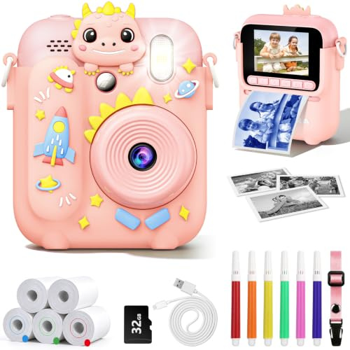 Appareil Photo Instantané Enfants, avec 5 Rouleaux de Papier, Carte 32GB | Dinosaure appareil photo enfant, 2,4 Écran, HD 1080P, 6 feutres de couleur, pour les enfants de 3 à 14 ans