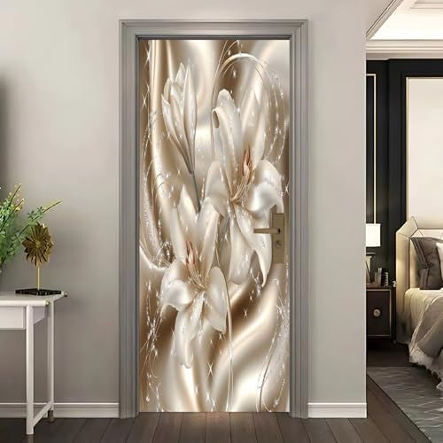 Adesivo Porta 3D Autoadesivo Rimovibile Giglio D'Oro, Decorazione Porta in PVC Impermeabile 80x210 cm, Lusso Sticker Decorativo per Porte Interne Casa, Camera da Letto, Soggiorno