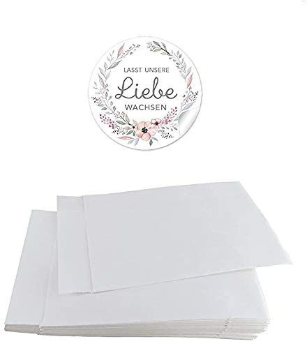 Blütensamen Tüten Set 24 Flachbeutel WEIß 63 x 93 mm + 24 Sticker LASST UNSERE LIEBE WACHSEN PASTELL BLUMEN 4cm matt rund Samen Gastgeschenke Tischdeko Hochzeit Familienfeier Geburtstag Taufe Geburt