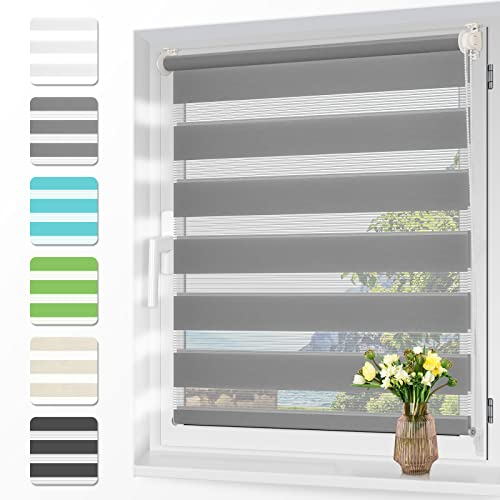 Zarnan Doppelrollo Klemmfix ohne Bohren Grau 90x120cm(Stoffbreite 86cm) Duo Rollo Blickdicht Zebrarollo Rollos für Fenster ohne Bohren für Wohnzimmer Küche Büro lichtdurchlässig und verdunkelnd