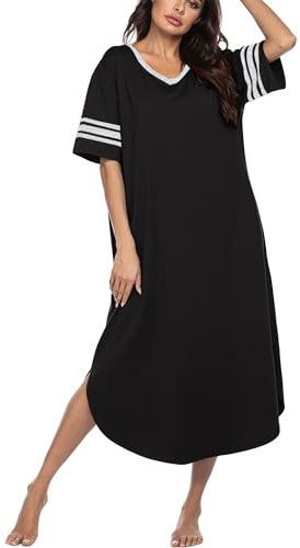Ekouaer Long Nightgown, Womens V Neck Loungewear Oversized Sleepwear Loose Sleep Dress S-4XL Black