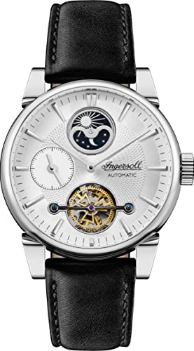 Ingersoll The Swing Herren-Automatikuhr, 45 mm, mit weißem Zifferblatt mit offenem Herzen und schwarzem Echtlederarmband I07504