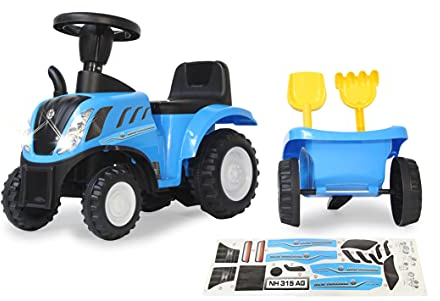 Rutscher New Holland T7 Traktor – ab 12 Monate, Sitzhöhe 270 mm, Kippschutz, originalgetreue Optik, Anhänger mit Schaufel und Rechen, LED Licht