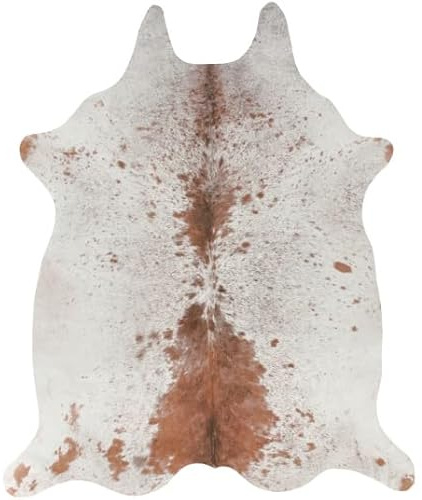 Decoweb Tapis Peau de bête imprimé HD - Imitation Vache tachetée Claire - Marron et Blanc - 155 x 190 cm