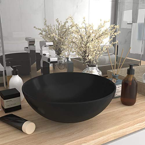 Gecheer Lavandino da Bagno in Ceramica Rotondo Nero Opaco, Lavabo da Appoggio in Ceramica, Lavandino Rotondo/Ovale/Rettangolare, Lavabo da Bagno Appoggio Rotondo Moderno in Ceramica