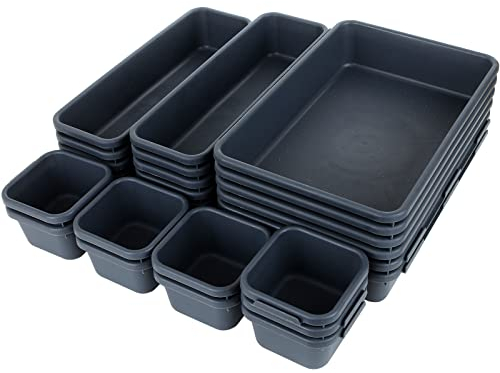 LOLYSIC Schubladen Organizer, 24 Stücke Schubladen Ordnungssystem mit 3 Größen Aufbewahrungsbox, Organizer, Trennwände, Aufbewahrungskörbe für Badezimmer, Büro, Küche (Dunkelgrau)