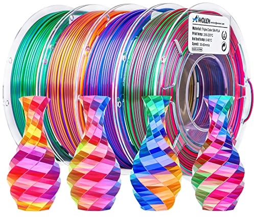 AMOLEN 3D Drucker Filament Paket, Dreifarbiges Coextrusions-Seiden PLA Filament 1,75 mm +/-0,02 mm, Glänzendes Farbwechsel-3D-Drucker Filament für die Meisten FDM 3D Drucker, 200 g x 4er-Pack